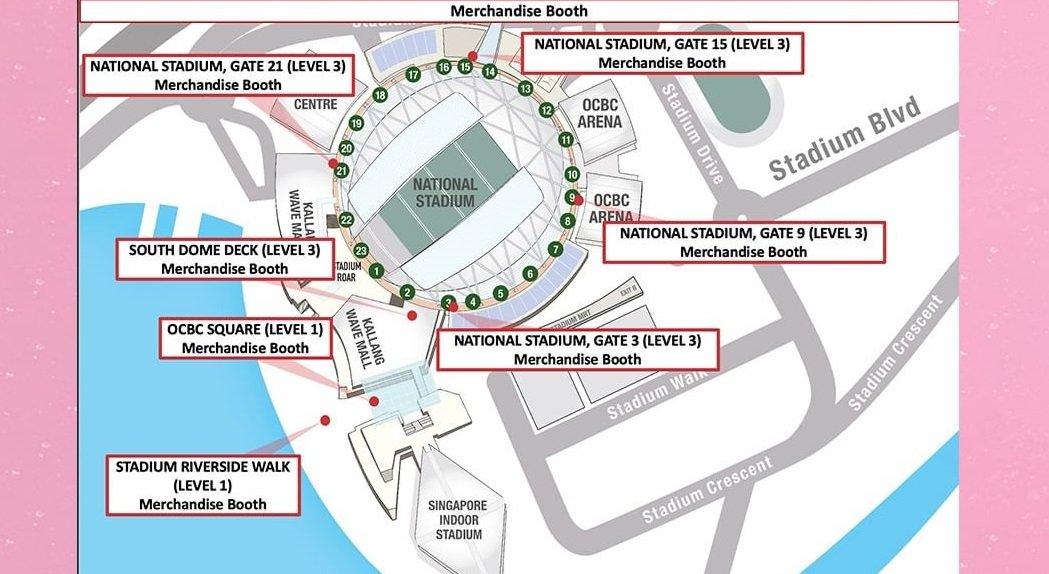 Lokasi booth merchandise konser Taylor Swift di National Stadium Singapura.