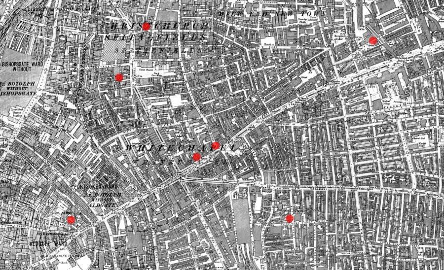 Lokasi korban “kanonik” Jack the Ripper (dan dua korban lainnya dibunuh pada waktu yang hampir bersamaan).