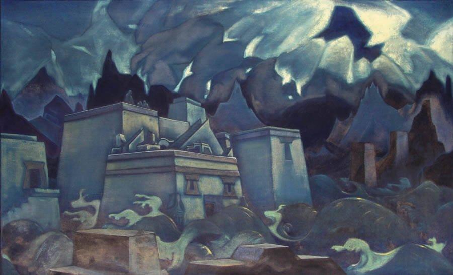 Lukisan tahun 1928 karya Nicholas Roerich yang menggambarkan kehancuran Atlantis.