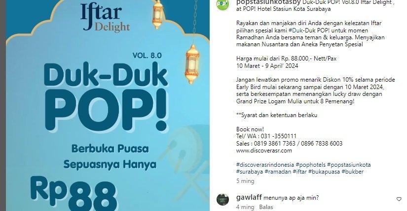 POP Hotel Stasiun Kota, satu hotel di Surabaya Jawa Timur yang menawarkan paket bukber all you can eat Ramadan 2024.