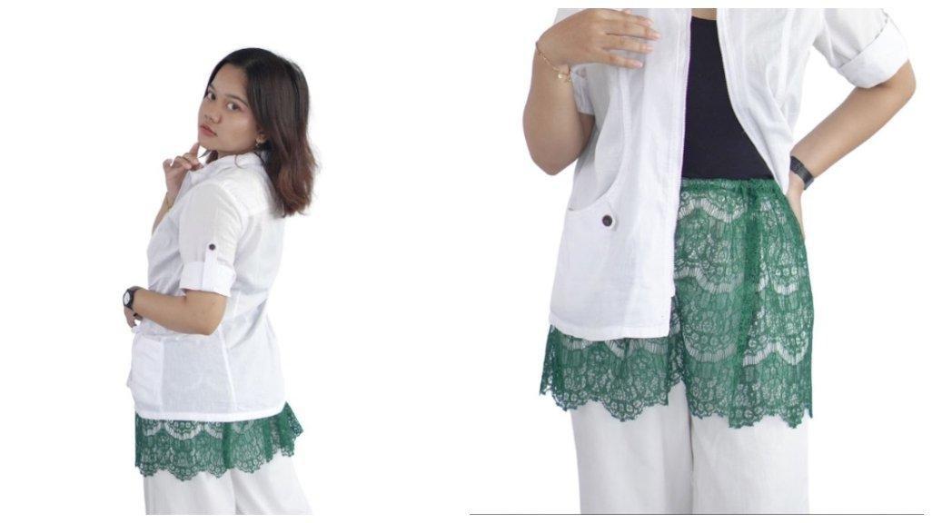 Padukan kerajinan renda hijau dari Bien Craft dengan outfit netral untuk tampilan stylish yang unik dan berani.