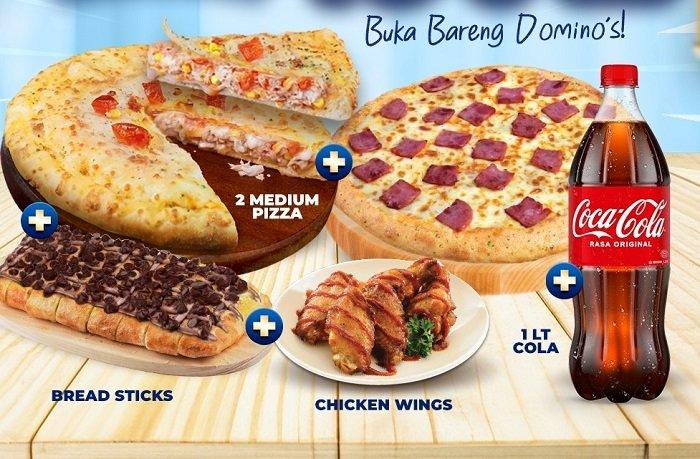 Dominos Pizza menawarkan paket Bukber Meriah selama bulan Ramadhan 2024 dengan harga 136 ribuan sudah termasuk 2 medium pizza, bread sticks, chicken wings dan minuman.