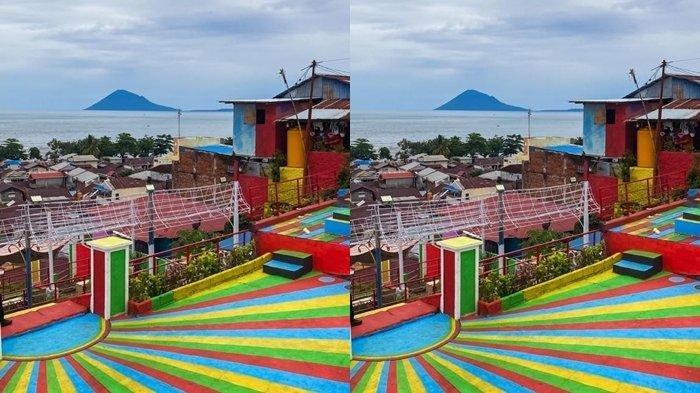 Panorama Kota Manado dan Jembatan Soekarno terlihat memukau dari ketinggian Kampung Warna-Warni Sindulang.