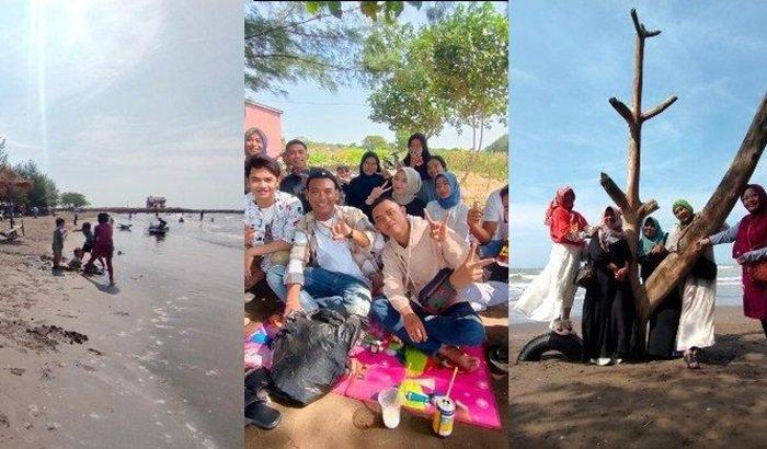 Wisatawan saat berlibur di Pantai Cemara Indah di Desa/Kecamatan Balongan, Kabupaten Indramayu, Jawa Barat.