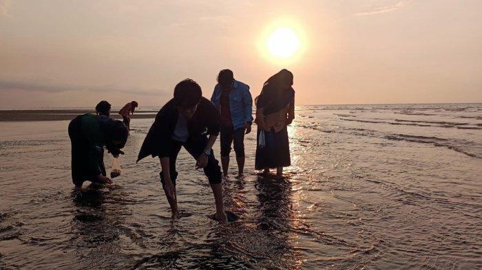 Pengunjung Pantai Greenthing di Desa Randutatah, Kecamatan Paiton, Kabupaten Probolinggo, Jawa Timur, saat asyik mencari kerang sambil menikmati sunset.