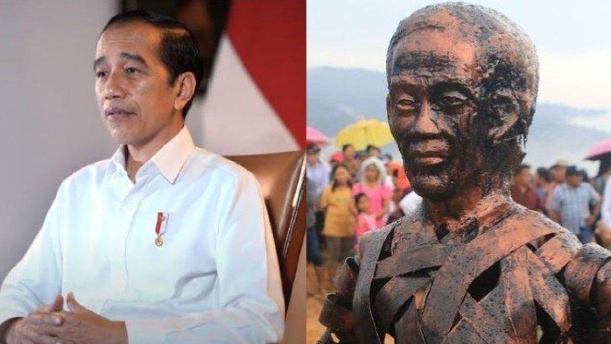 Patung Presiden Joko Widodo dipajang saat peletakan batu pertama pembangunan Monumen Juma Jokowi di kawasan Liang Melas Datas, Kabupaten Karo