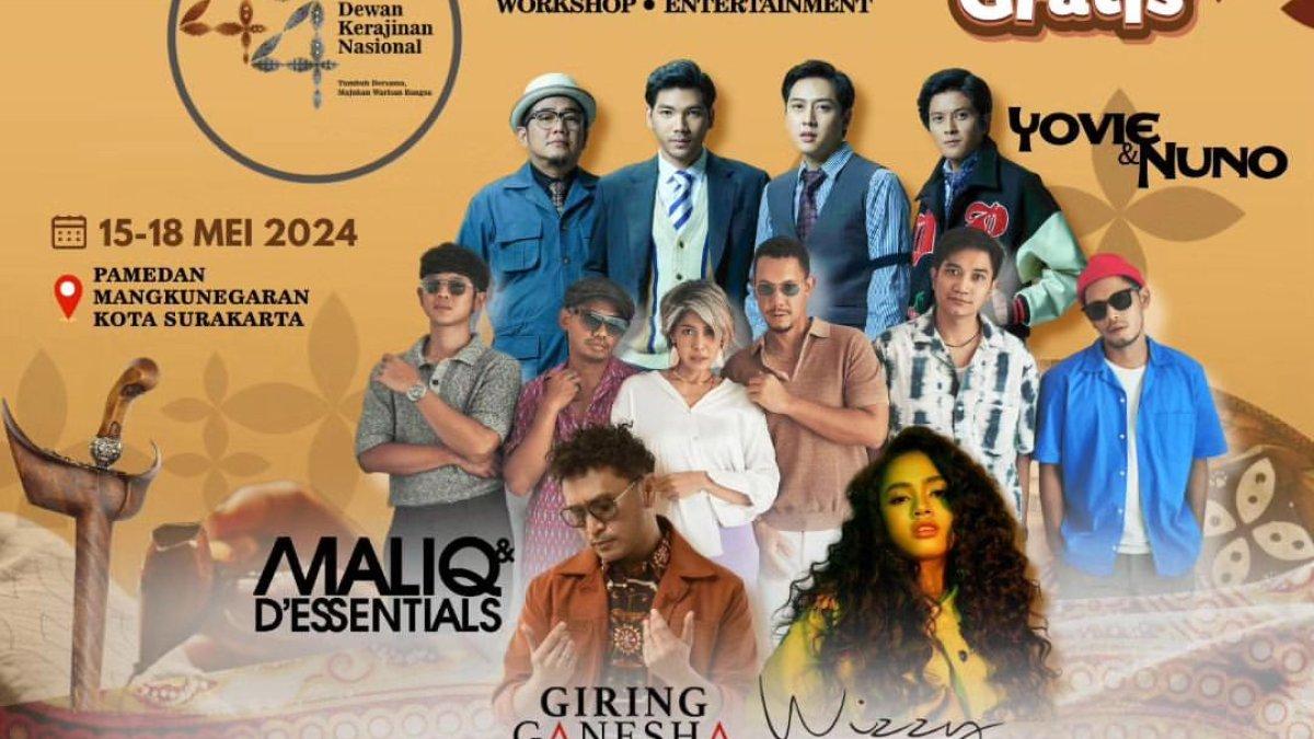 Sejumlah musisi akan tampil pada perayaan HUT ke-44 Dekranas di Kota Solo, Jawa Tengah tanggal 15-18 Mei 2024.