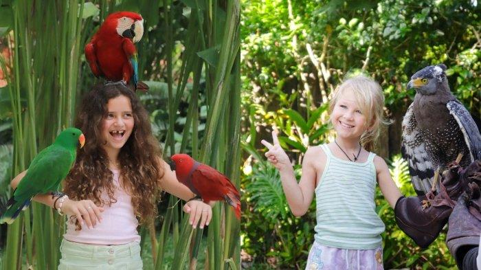 Pengunjung anak-anak berinteraksi foto bersama burung di Bali Bird Park Gianyar, Bali.