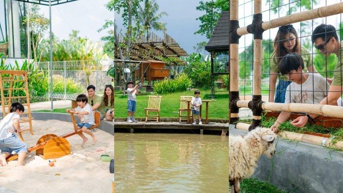 Pengunjung anak-anak bermain di playground Semar Edupark Karanganyar, Jawa Tengah.