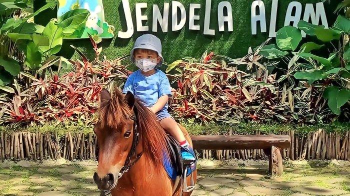 Pengunjung nyobain wisata naik kuda di Jendela Alam, tempat wisata di Kecamatan Parongpong, Kabupaten Bandung Barat, Jawa Barat.