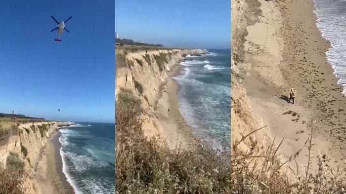 Peselancar yang terdampar meletakkan batu-batu di pasir untuk membentuk huruf 