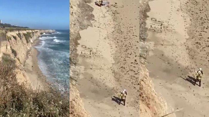 Peselancar yang terdampar meletakkan batu-batu di pasir untuk membentuk huruf 