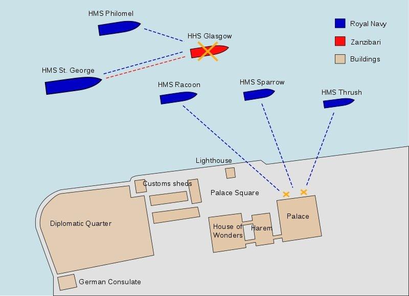 Peta yang menunjukkan disposisi angkatan laut saat pecahnya Perang Anglo-Zanzibar. Pukul 09.00 tanggal 27 Agustus 1896.