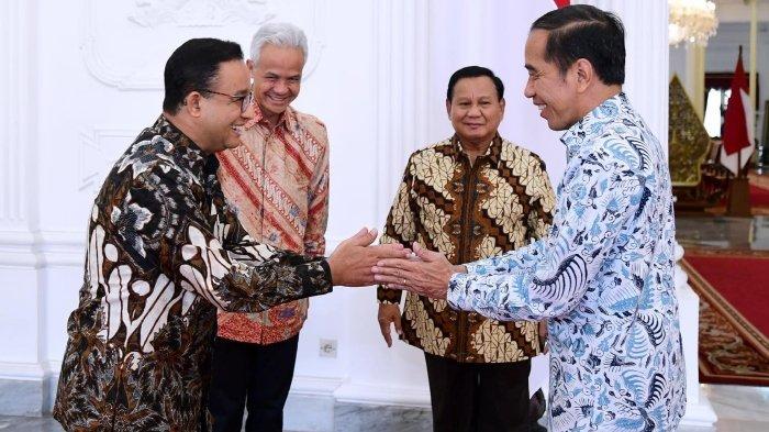 Momen Prabowo Subianto, Ganjar Pranowo, dan Anies Baswedan yang merupakan tiga bakal calon presiden (capres) menghadiri undangan makan siang dari Presiden Jokowi di Istana Merdeka Jakarta pada Senin (30/10/2023).