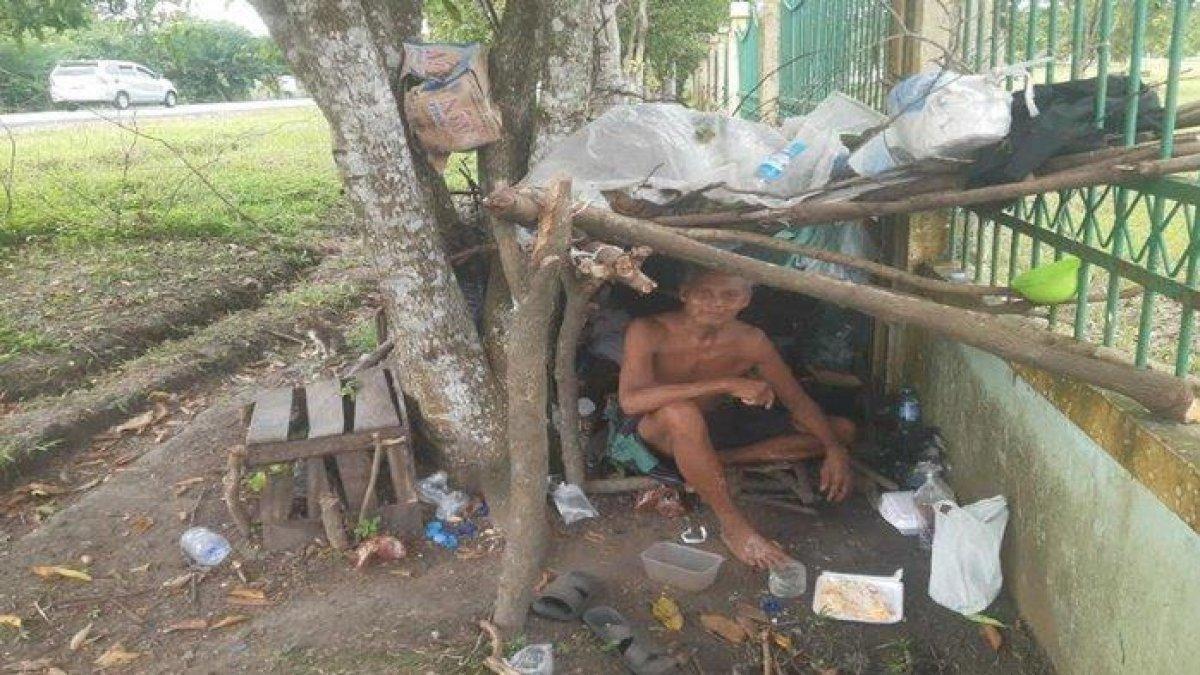 Pria tua tinggal di bawah pohon dekat Jalinsum Palembang-Kayuagung di Indralaya, Minggu (26/5/2024).