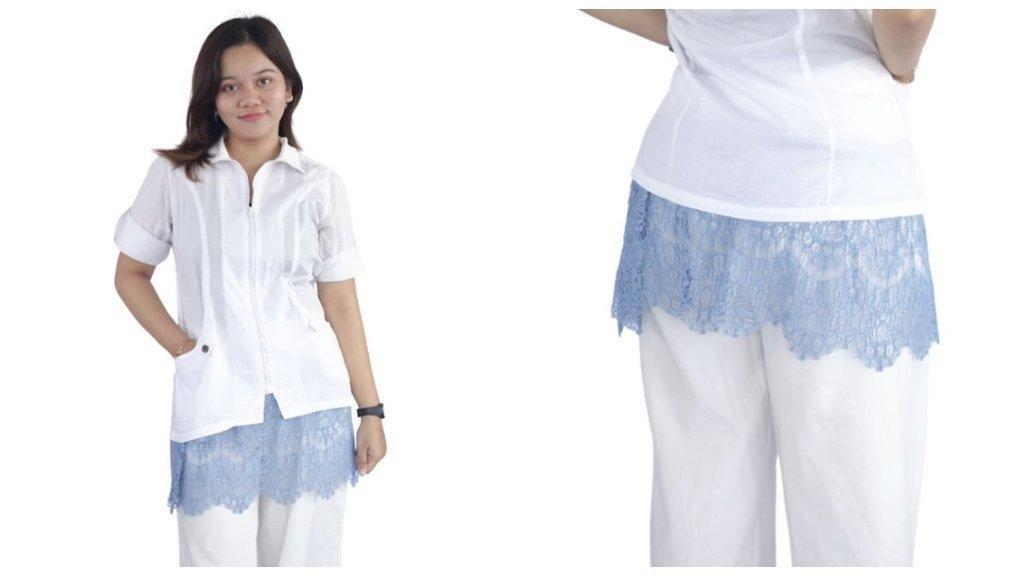 Produk Bien Craft dengan aksen renda biru muda ini cocok dipadukan dengan busana putih untuk tampilan segar dan elegan