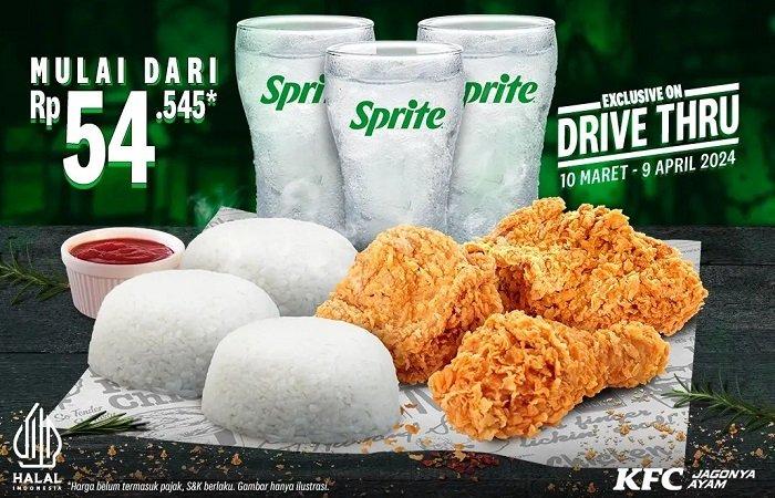 KFC tawarkan promo Ramadhan Berkah. Cukup dengan Rp 54 ribuan, nikmati 3 potong ayam goreng KFC yang renyah, 3 porsi nasi hangat yang pulen, dan 3 Sprite yang menyegarkan untuk berbuka puasamu.