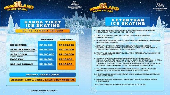 Rincian harga tiket masuk dan sewa peralatan, lengkap dengan ketentuan bermain di Ice Wonderland Bandung, Jawa Barat.