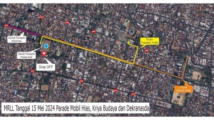 Rute kirab kriya 102 mobil hias di Kota Solo, Jawa Tengah dalam acara HUT ke-44 Dekranas dan Hari Kesatuan Gerak (HKG) ke-52 PKK.