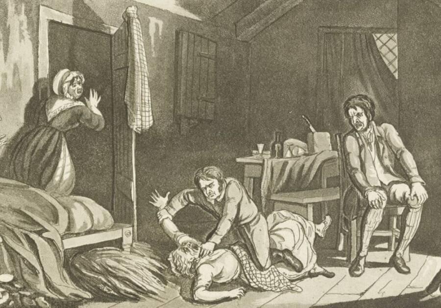 Sebuah ukiran tahun 1829 tentang pembunuhan Marjory Campbell Docherty.