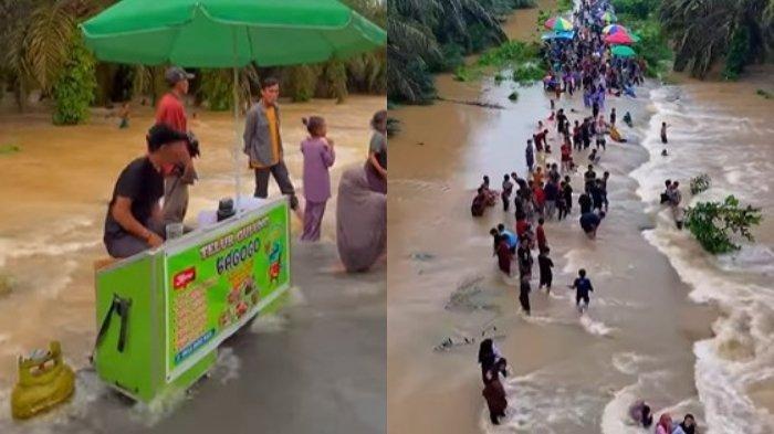 Sebuah video yang merekam ramainya warga menikmati luapan air banjir seolah menjadi tempat wisata dadakan viral di media sosial.
