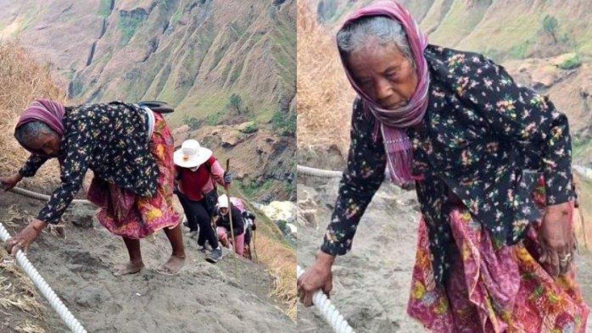 Seorang nenek viral mendaki Gunung Rinjani, Lombok, Nusa Tenggara Barat, tanpa alas kaki dan hanya mengenakan kebaya serta kain batik.
