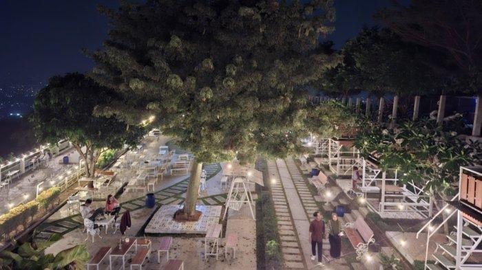 Suasana malam di tempat wisata Taman Fathan Hambalang Bogor, tawarkan pemandangan city light dan lampu yang menyala menambah kesan romantis.