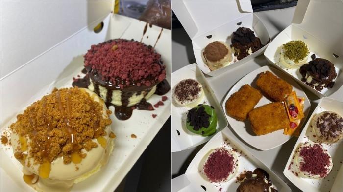 KULINER BOGOR - Tampilan Menu Souffle Pancake, Churros Ice Cream dan Risol dari De Souffle yang menjadi best seller. Souffle Pancake tersebut dilapisi berbagai macam varian dan topping sesuai dengan selera pembeli.