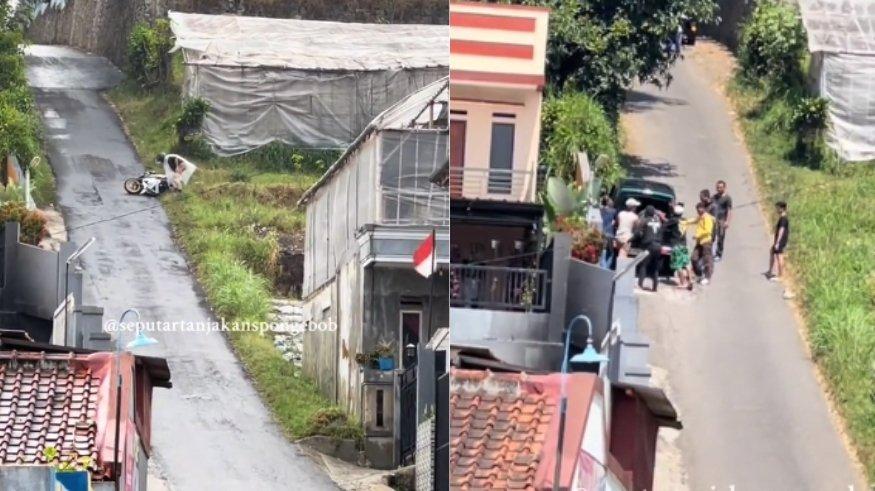 Viral Tanjakan Spongebob yang membuat sejumlah pengendara terjatuh dari sepeda motor di Lembang, Kabupaten Bandung Barat, Jawa Barat.