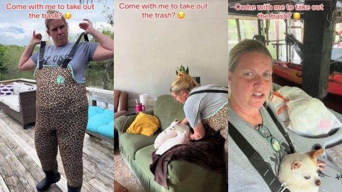 Kolase foto cerita wanita membuang sampah dengan menyeberangi sungai penuh buaya.