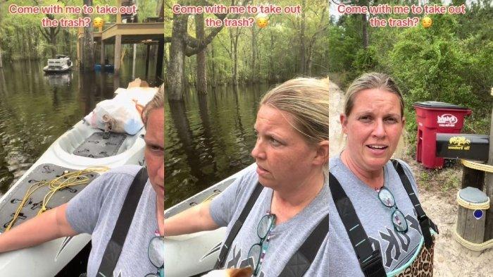 Kolase foto cerita wanita membuang sampah dengan menyeberangi sungai penuh buaya.