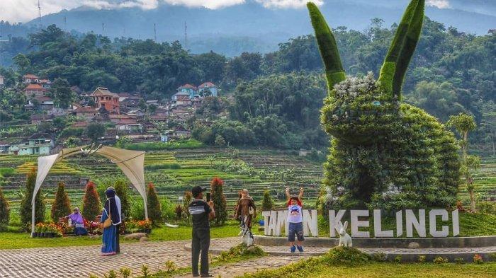Wisatawan foto-foto di taman kelinci Kebun Refugia Magetan di Jawa Timur.