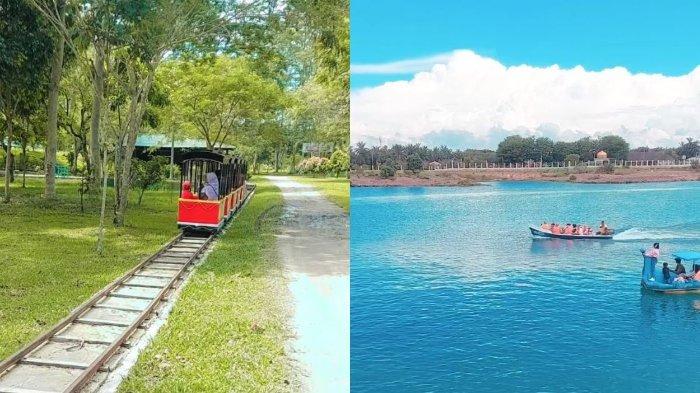 Wisatawan nyobain wahana permainan di Hutan Kota Langsa, tempat wisata di Kecamatan Langsa Baro, Kota Langsa, Aceh.