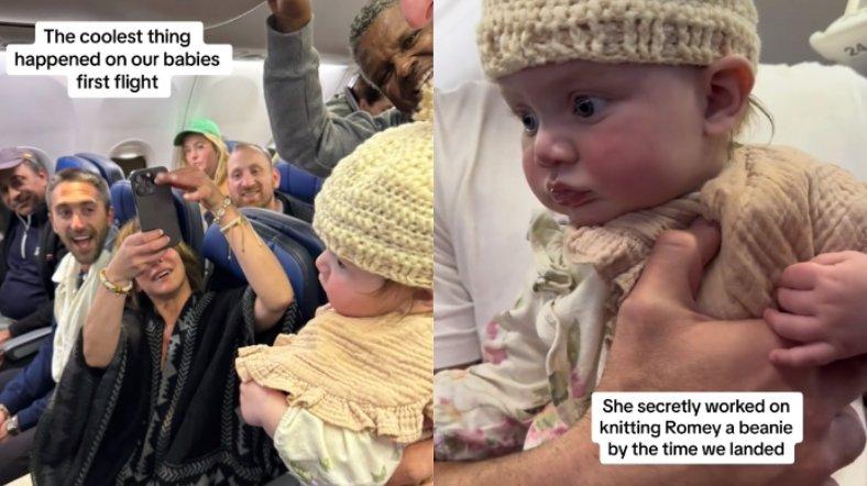 Viral momen saat seorang penumpang diam-diam membuat beanie rajut untuk penumpang bayi di sebelahnya.