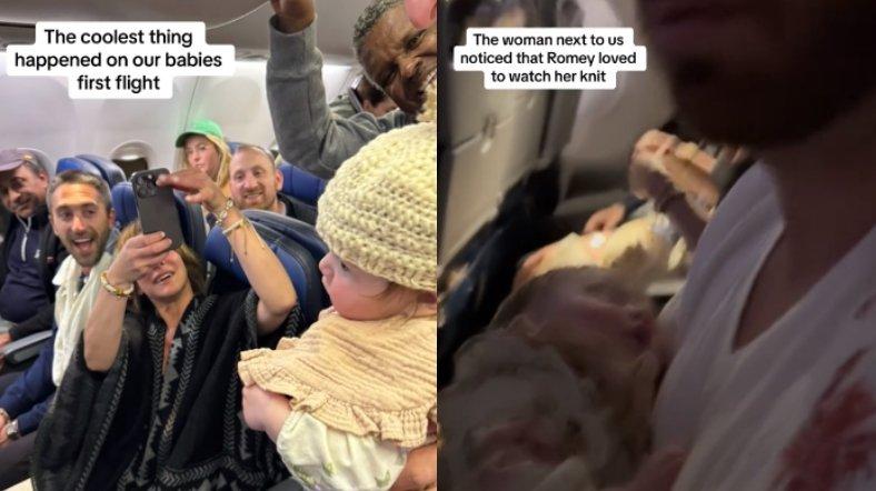 Viral momen saat seorang penumpang diam-diam membuat beanie rajut untuk penumpang bayi di sebelahnya.