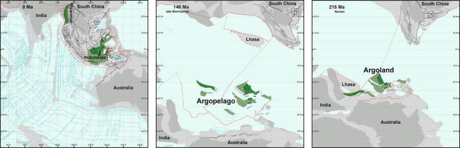 Sebuah rekonstruksi yang menunjukkan bagaimana benua kuno Argoland terpisah dari Australia, terfragmentasi, dan digabungkan dengan Asia Tenggara.