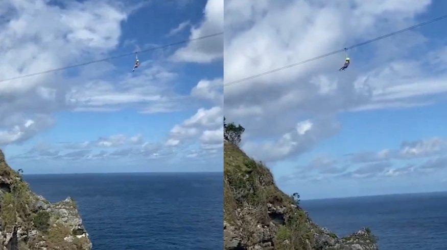 Viral seorang gadis kecil tersangkut di tengah-tengah zipline di Nusa Penida, Bali.