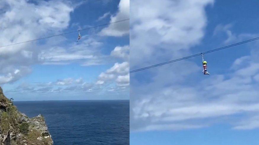 Viral seorang gadis kecil tersangkut di tengah-tengah zipline di Nusa Penida, Bali.