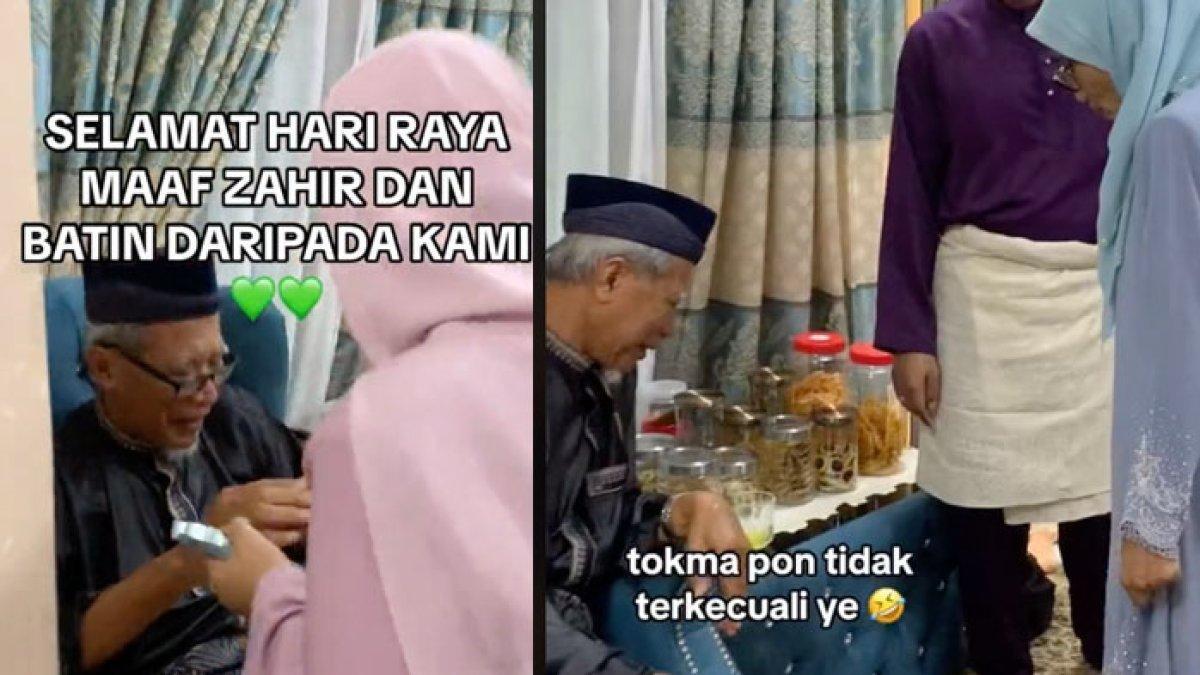 Tampak dalam unggahan video tersebut, sang kakek meminta penerima THR untuk menimbang berat badan.
