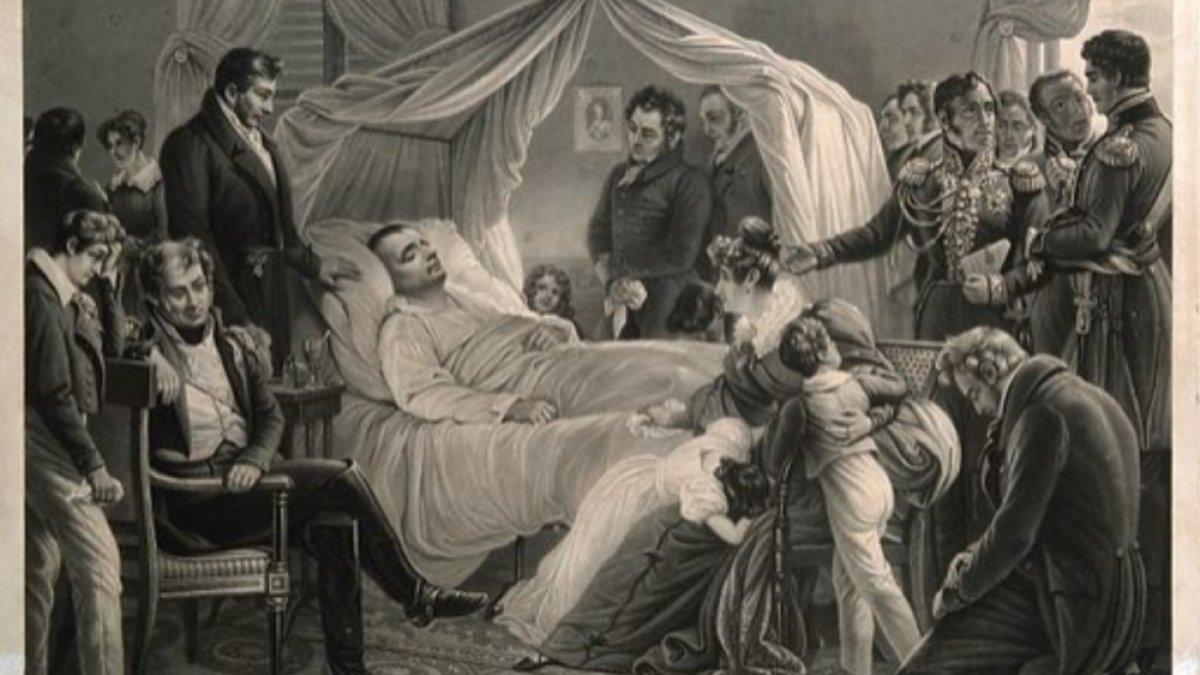 Kematian Napoleon Bonaparte di St Helena pada tahun 1821. Cetakan intaglio oleh JPM Jazet, 1830, setelah Baron Steuben. Dibuat tahun 1830. Kematian. Orang buangan. kertas dinding. François Antonmarchi (1789–1838). Archibald Arnott (1771–1855). Napoleon I, Kaisar Prancis (1769–1821). Francis Burton (1784–1828). Kontributor: Charles Auguste Guillaume Henri François Louis Steuben, Baron von Steuben (1788–1858); Jean Pierre Marie Jazet (1788–1871).