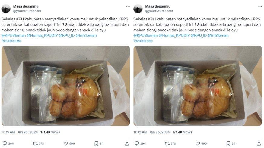 Viral di media sosial unggahan soal konsumsi saat pelantikan KPPS Kabupaten Sleman yang dinilai tidak layak.