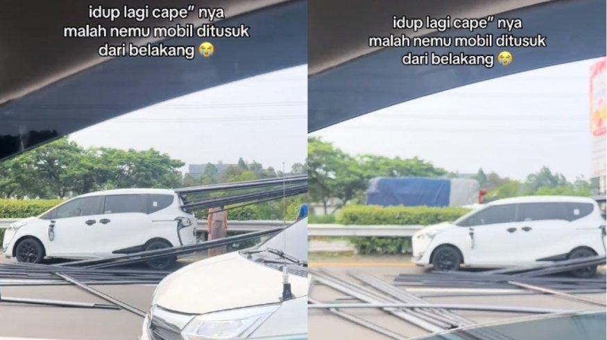 Viral mobil tertusuk besi dari belakang hingga tembus melalui kaca belakang.
