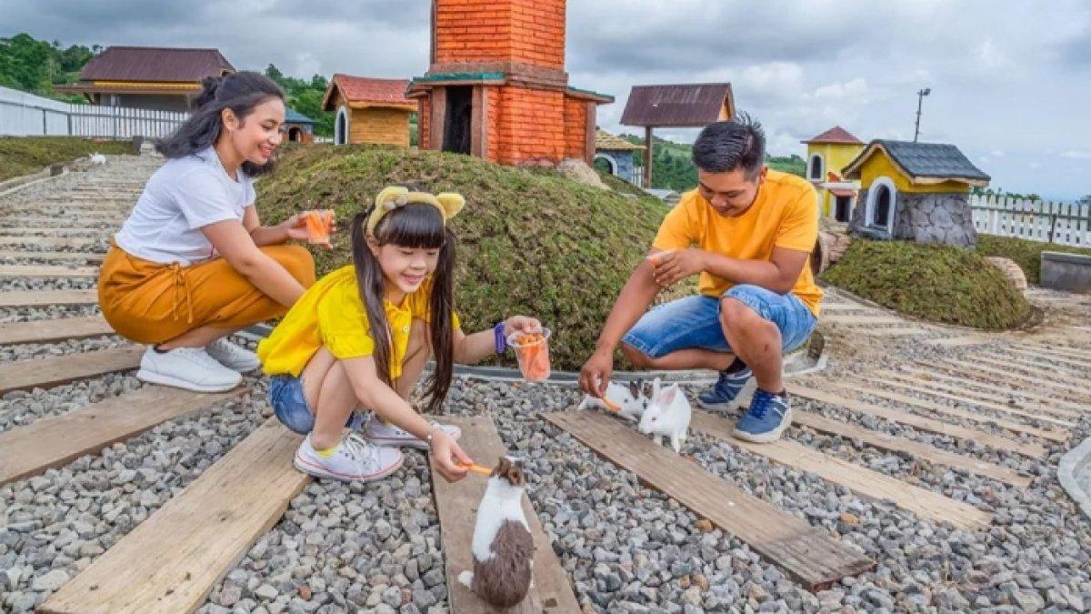 Pengunjung memberi makan satwa di Cepogo Cheese Park Kecamatan Cepogo, Kabupaten Boyolali, Jawa Tengah.