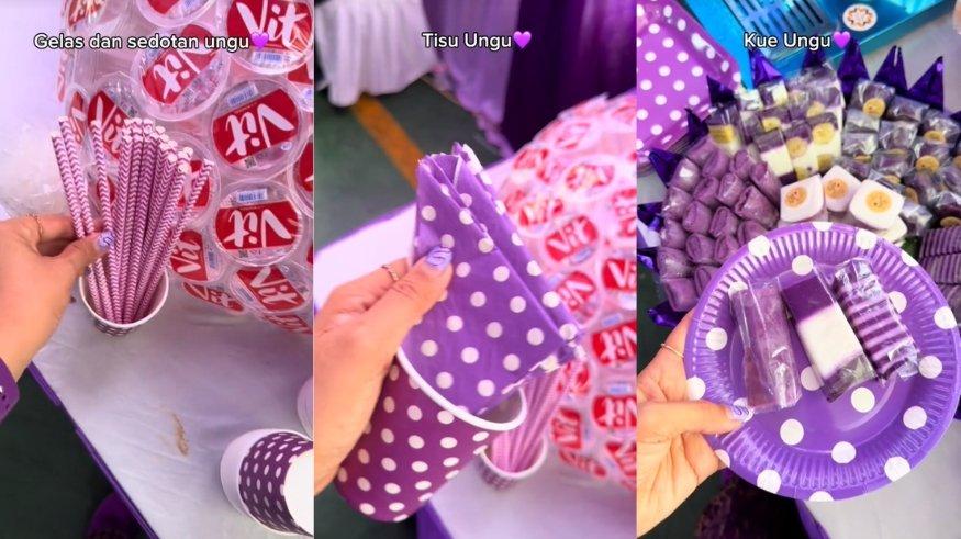 Viral pernikahan serba ungu di Jakarta Selatan. Mulai dari pakaian pengantin, makanan, sampai dekorasi pelaminan semuanya serba ungu.