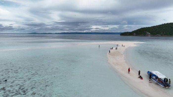 Potret Pulau Pasir Timbul Raja Ampat, Papua Barat, dari udara, Minggu (3/3/2022). Pulau ini muncul saat air laut surut, sehari tiga kali selama 30 menit.