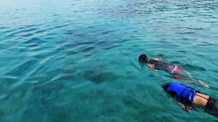 Dua orang wisatawan tengah snorkeling ria menikmati keindahan biota laut Iboih, Sabang, Aceh.