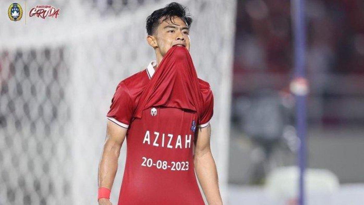 Selebrasi bucin Pratama Arhan untuk Azizah Salsha dalam merayakan golnya saat mencetak gol ke gawang Turkmenistan.