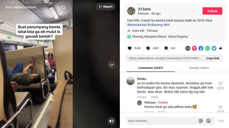 Video viral di TikTok seorang pria mengaku terganggu dengan kondisi KA lokal yang berisik.