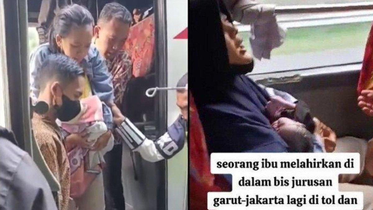Momen seorang wanita hamil melahirkan di dalam bus Primajasa Jurusan Garut-Jakarta, kernet jadi bidan dadakan.