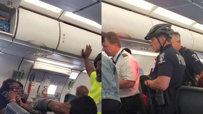 Kolase foto wanita yang berdebat dengan awak kabin pesawat Frontier Airlines.